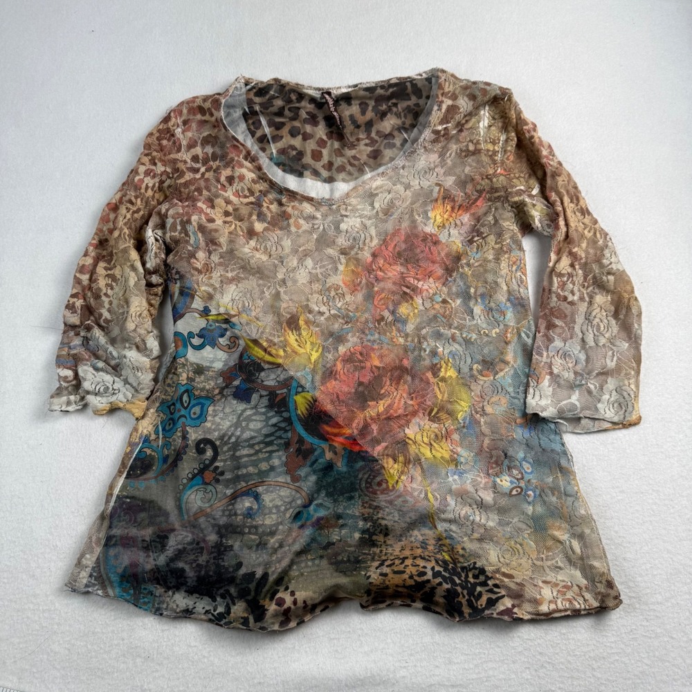 Mushka by Sienna Rose Mesh Top Floral Animal Print Sheer 3/4 Sleeve Brown Size M
